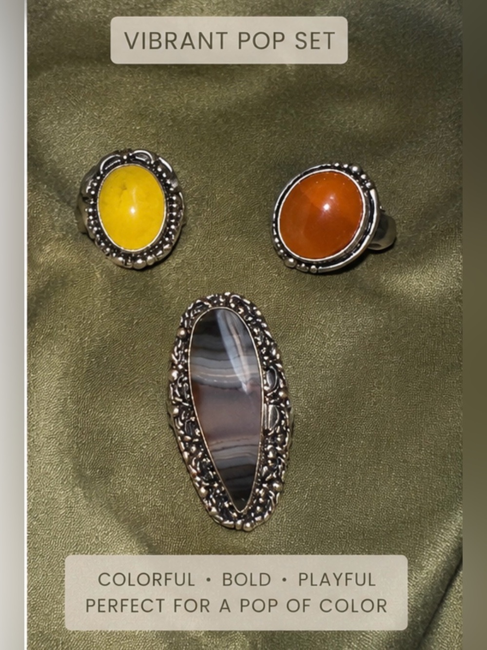 Vibrant Pop Set - Yellow, Orange & Gray Stone Statement Rings